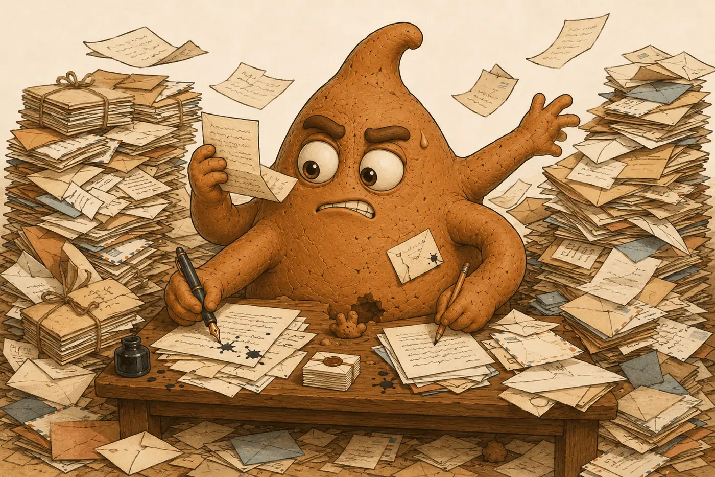 ÇAMUR buried in letters at a desk, writing with both hands at
                  once, piles all around and paper in the air — the face of
                  someone who is not keeping up.